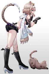 Rule 34 | 1girl, absurdres, animal ears, ass, bare shoulders, bent over, bikini, bikini top only, black bikini, black footwear, black gloves, black shorts, blue eyes, boots, braid, breasts, brown hair, cat ears, cat girl, cat tail, from side, full body, gloves, highres, honkai (series), honkai impact 3rd, knee boots, looking at viewer, medium breasts, oukafafafa, pardofelis (honkai impact), paw pose, short hair, short shorts, shorts, solo, standing, swimsuit, tail, thighs
