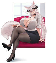 Rule 34 | 1girl, animal ears, black choker, black footwear, black horns, black skirt, bow, breasts, choker, cleavage, couch, cross, cross necklace, curvy, female focus, fox ears, fox girl, fox tail, glasses, head tilt, high heels, highres, horns, huge breasts, jewelry, looking at viewer, miniskirt, nastart, necklace, pantyhose, purple eyes, sitting, skirt, solo, tail, thick thighs, thighs, white bow, white hair