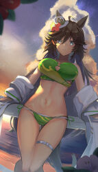 Rule 34 | 1girl, ahoge, animal ears, bare shoulders, bikini, blue eyes, brown hair, cloud, commentary request, feet out of frame, flower, green bikini, hat, hat flower, highres, horse ears, jacket, kodoneri (user quk1118), long hair, looking at viewer, mini hat, mini top hat, mr. c.b. (umamusume), navel, off shoulder, open clothes, open jacket, outdoors, pink flower, solo, standing, stomach, strapless, strapless bikini, swimsuit, thigh strap, thighs, top hat, umamusume, very long hair, white jacket