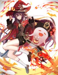 Rule 34 | 1girl, :p, absurdres, black nails, black shorts, brown hair, cape, claw pose, fire, full body, gao kawa, genshin impact, ghost, halloween, hat, highres, hu tao (genshin impact), jewelry, long hair, long sleeves, looking at viewer, nail polish, polearm, red cpae, red eyes, red hat, ring, shorts, socks, solo, symbol-shaped pupils, tongue, tongue out, weapon, witch hat