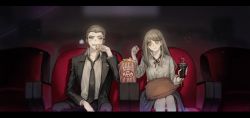 Rule 34 | bad id, bad twitter id, black ribbon, blonde hair, blouse, blush stickers, breast pocket, brother and sister, collared shirt, commentary request, eating, food, formal, grey shirt, heart, heart print, highres, holding, jacket, kuzuryu fuyuhiko, kuzuryu natsumi, long hair, movie theater, neck ribbon, pekupe (p krr), pillow, pocket, popcorn, ribbon, shirt, siblings, sitting, striped clothes, striped jacket, suit
