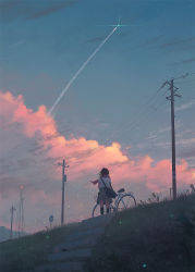 Rule 34 | 1girl, ahoge, animal, bag, bicycle, bicycle basket, bird, black hair, black socks, blue sky, cloud, contrail, evening, from behind, grass, grey skirt, guweiz, kneehighs, outdoors, over shoulder, power lines, red scarf, road sign, rocket, scarf, scenery, shirt, short hair, short sleeves, sign, skirt, sky, socks, solo, sparkle, stairs, utility pole, white shirt, wide shot