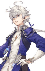 Rule 34 | 1boy, ahoge, alphinaud leveilleur, belt, belt pouch, blue coat, blue eyes, blue ribbon, chain, coat, collared shirt, cowboy shot, earclip, earrings, elezen, elf, final fantasy, final fantasy xiv, gloves, hair ribbon, hand on own hip, highres, jewelry, long hair, long sleeves, looking up, makimura shunsuke, male focus, necklace, parted lips, pointy ears, ponytail, pouch, ribbon, shirt, silver hair, simple background, smile, solo, standing, white background, white gloves, white shirt