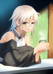 Rule 34 | 1girl, bare shoulders, borrowed character, breast rest, breasts, cup, echigo (shiro maru), glasses, large breasts, looking at viewer, original, sasebono mari, short hair, shoulder rest, silver hair, smile, solo, teacup, yellow eyes