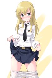 Rule 34 | 1girl, anzio school uniform, belt, black belt, black skirt, blonde hair, breasts, carpaccio (girls und panzer), closed mouth, clothes lift, clothes pull, commentary request, cowboy shot, dress shirt, emblem, girls und panzer, green eyes, highres, kuzuryuu kennosuke, lifting own clothes, long hair, long sleeves, looking at viewer, medium breasts, miniskirt, one-hour drawing challenge, pantyhose, pantyhose pull, pleated skirt, school uniform, shirt, simple background, skirt, skirt lift, smile, solo, standing, thighs, white background, white pantyhose, white shirt