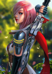 Rule 34 | 1girl, blazefire saber, blue eyes, blue gloves, blurry, blurry background, breasts, cape, commission, expressionless, final fantasy, final fantasy xiii, fingerless gloves, from side, gloves, holding, holding sword, holding weapon, jacket, lightning farron, looking at viewer, medium breasts, medium hair, nixri, pink hair, red cape, red lips, sleeveless, sleeveless jacket, solo, sword, tree, weapon, white jacket