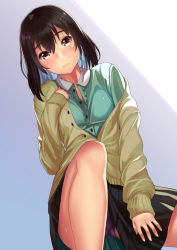 Rule 34 | 1girl, bare legs, black skirt, blue background, blue hair, blush, breasts, brown eyes, brown hair, brown jacket, buttons, closed mouth, clothes lift, collared shirt, dress shirt, frown, gradient background, green shirt, hair between eyes, highres, jacket, kagematsuri, knee up, legs apart, lifting own clothes, lips, long sleeves, looking at viewer, multicolored hair, open clothes, open jacket, original, panties, pantyshot, purple background, purple panties, shirt, short hair, simple background, sitting, skirt, skirt lift, sleeves past wrists, small breasts, solo, spread legs, thighs, two-tone hair, unbuttoned, underwear, upskirt