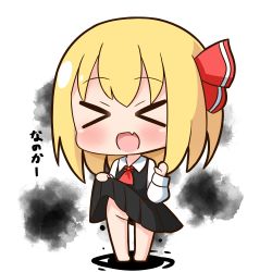 Rule 34 | &gt; &lt;, 1girl, :d, ascot, bare legs, barefoot, black dress, blonde hair, blush, censored, chibi, closed eyes, collared shirt, commentary request, dress, facing viewer, fang, full body, groin, hair between eyes, hair ribbon, hana kazari, hand up, long hair, long sleeves, no panties, open mouth, pleated dress, red ascot, red ribbon, ribbon, rumia, shirt, sleeveless, sleeveless dress, smile, solo, touhou, translation request, white background, white shirt, xd