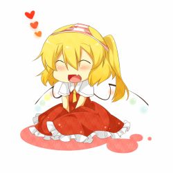 Rule 34 | 1girl, :d, ^ ^, bad id, bad pixiv id, blonde hair, closed eyes, eiri (eirri), embodiment of scarlet devil, fang, female focus, flandre scarlet, heart, object on head, open mouth, panties, panties on head, short hair, smile, solo, striped clothes, striped panties, touhou, underwear, v arms