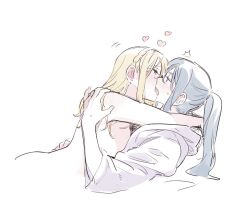 Rule 34 | 2girls, arms around neck, bathrobe, blonde hair, blue hair, blush, braid, commentary request, crown braid, eye contact, french kiss, half-closed eyes, hands on another&#039;s back, kiss, korean commentary, long hair, looking at another, love live!, love live! sunshine!!, matsuura kanan, multiple girls, nude, ohara mari, pito (sh02327), ponytail, purple robe, robe, simple background, sweat, tongue, white background, yuri