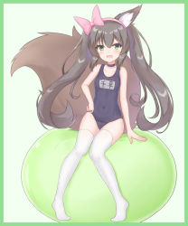 Rule 34 | 1girl, 943744252, absurdres, alternate costume, animal ears, breasts, brown hair, chigusa hana, chigusa hana channel, collarbone, commentary request, fox ears, fox tail, full body, green eyes, headband, highres, looking at viewer, navel, school uniform, simple background, sitting, small breasts, solo, tail, thighhighs, virtual youtuber, white thighhighs