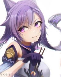 Rule 34 | 1girl, absurdres, artist name, chopsticks, closed mouth, commentary, detached sleeves, english commentary, food, genshin impact, gloves, highres, holding, holding chopsticks, keqing (genshin impact), long hair, looking to the side, neck tassel, purple eyes, purple gloves, purple hair, smile, solo, twintails, upper body, white background, yonesdraws