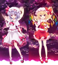 Rule 34 | 2girls, :d, :o, ascot, bad id, bad pixiv id, bare legs, bat wings, blonde hair, bobby socks, bow, bow legwear, brooch, cloud, cloudy sky, cropped vest, crystal, flandre scarlet, footwear bow, frilled shirt collar, frills, full body, full moon, hand up, hat, hat bow, jewelry, looking at viewer, mary janes, mayo (miyusa), miniskirt, mob cap, moon, multiple girls, night, night sky, open mouth, petals, pink eyes, puffy short sleeves, puffy sleeves, purple hair, red bow, red eyes, red footwear, red skirt, remilia scarlet, shoes, short hair, short sleeves, siblings, side ponytail, sisters, skirt, skirt set, sky, smile, socks, split screen, standing, star (sky), starry sky, stuffed animal, stuffed toy, teddy bear, touhou, vest, white legwear, wings, wrist cuffs