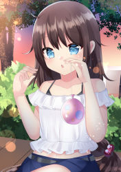 Rule 34 | 1girl, bare shoulders, blue eyes, blue shorts, brown hair, chestnut mouth, collarbone, commentary request, hair between eyes, hair bobbles, hair ornament, hands up, holding, long hair, looking at viewer, misaki (misaki86), off-shoulder shirt, off shoulder, original, outdoors, parted lips, shirt, short shorts, shorts, solo, sunset, tree, very long hair, white shirt