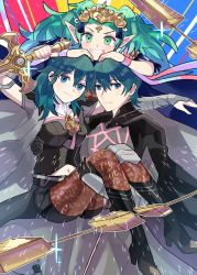 Rule 34 | 1boy, 2girls, ararecoa, bad id, bad twitter id, blue eyes, blue hair, boots, byleth (female) (fire emblem), byleth (fire emblem), byleth (male) (fire emblem), carrying, clothing cutout, dual persona, fire emblem, fire emblem: three houses, green eyes, green hair, grin, highres, multiple girls, navel, navel cutout, nintendo, pantyhose, pantyhose under shorts, pointy ears, princess carry, shorts, smile, sothis (fire emblem), sword, weapon, whip sword