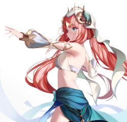 Rule 34 | 1girl, absurdres, bare shoulders, blue eyes, blue skirt, circlet, detached sleeves, dodari, floating hair, forehead jewel, from side, genshin impact, highres, horns, long hair, low twintails, midriff, nilou (genshin impact), outstretched arm, parted lips, red hair, simple background, skirt, solo, twintails, veil, white background