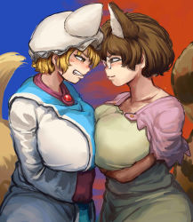 Rule 34 | 2girls, animal ears, animal hat, blue background, blush, breast press, breasts, brown eyes, brown hair, chanta (ayatakaoisii), clenched teeth, collarbone, confrontation, cowboy shot, dress, extra ears, eye contact, face-to-face, fox tail, from side, futatsuiwa mamizou, glasses, hat, highres, huge breasts, looking at another, mob cap, multiple girls, mob cap, plump, raccoon ears, raccoon tail, red background, short hair, short sleeves, symmetrical docking, tabard, tail, teeth, touhou, two-tone background, white dress, yakumo ran, yellow eyes