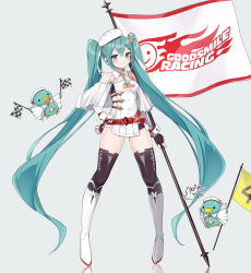 Rule 34 | 1girl, absurdres, bird, blue eyes, blue hair, boots, checkered flag, closed mouth, clothing cutout, fingerless gloves, flag, gloves, hand on own hip, hat, hatsune miku, highres, holding, holding flag, light blush, long hair, looking at viewer, noneon319, racing miku, racing miku (2023), shoulder cutout, simple background, smile, thigh boots, twintails, very long hair, vocaloid