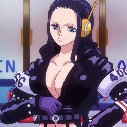 Rule 34 | 1girl, black hair, black jacket, blue eyes, breasts, cleavage, garter belt, jacket, large breasts, long hair, nico robin, nico robin (egghead), one piece, screencap, smile, stitched, third-party edit, toei animation, wide hips
