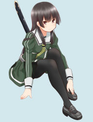 Rule 34 | 1girl, absurdres, black footwear, black pantyhose, blush, brown hair, closed mouth, dress, green dress, highres, invisible chair, long hair, long sleeves, looking at viewer, mary janes, neckerchief, pantyhose, red eyes, retsumaru, sailor dress, sheath, sheathed, shoes, sitting, sleeve cuffs, solo, straight hair, sword, sword behind back, very long hair, weapon, weapon on back, yellow neckerchief