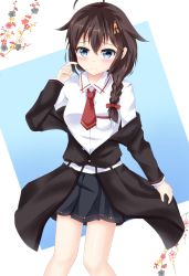 Rule 34 | 1girl, ahoge, bare legs, belt, black skirt, blue eyes, blush, braid, brown coat, brown hair, coat, collared shirt, commentary request, hair between eyes, hair flaps, hair ornament, highres, kantai collection, long sleeves, looking at viewer, necktie, official alternate costume, open clothes, open coat, red necktie, scratching cheek, shigure (kancolle), shigure kai ni (kancolle), shirt, single braid, skirt, smile, solo, white shirt, yurasuku