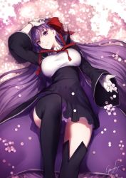 Rule 34 | 10s, 1girl, bb (fate), bb (fate/extra), black thighhighs, blush, breasts, fate/extra, fate/extra ccc, fate (series), genyaky, gloves, hair ribbon, large breasts, long hair, looking at viewer, lying, on back, petals, purple eyes, purple hair, red ribbon, ribbon, smile, solo, thighhighs, very long hair, white gloves