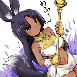 Rule 34 | &gt;:(, 1girl, animal ear fluff, animal ears, anubis (mythology), aura, bad id, bad pixiv id, bare shoulders, black hair, blush, breasts, closed mouth, crop top, dark-skinned female, dark aura, dark skin, dog ears, dog girl, dog tail, dutch angle, egyptian, egyptian clothes, fingerless gloves, frown, gloves, holding, holding staff, jackal ears, jackal girl, jackal tail, long hair, medium breasts, navel, original, parted bangs, purple eyes, short eyebrows, skirt, solo, staff, tail, thick eyebrows, u-non (annon&#039;an), underboob, v-shaped eyebrows, very long hair, white background, white skirt, yellow gloves