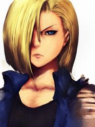Rule 34 | 1girl, android 18, angry, blonde hair, blue eyes, collarbone, dragon ball, dragonball z, fumio (rsqkr), hair over one eye, jacket, short hair, simple background, solo
