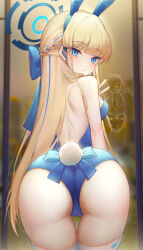 Rule 34 | 1girl, animal ears, arm at side, ass, ass focus, back, backless outfit, blonde hair, blue archive, blue bow, blue eyes, blue hair, blue leotard, blunt bangs, blurry, blurry background, bow, braid, breasts, cameltoe, closed mouth, cowboy shot, earrings, fake animal ears, french braid, from behind, hair bow, half updo, halo, hand up, highres, hongshi (13234456009), jewelry, leaning forward, leotard, long hair, looking back, multicolored hair, playboy bunny, rabbit ears, rabbit tail, small breasts, solo, straight hair, streaked hair, tail, tail bow, tail ornament, thigh gap, thighhighs, toki (blue archive), v, very long hair, white thighhighs, window