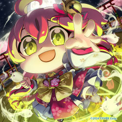 1girl 35p_(sakura_miko) :d ahoge animal bell cat floral_print ghost green_eyes hair_bell hair_ornament highres holding holding_animal holding_cat hololive kito_koruta long_sleeves mikodanye moon night official_art open_mouth outdoors paw_print pink_hair reaching reaching_towards_viewer smile solo virtual_youtuber