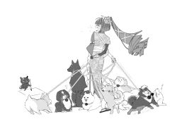 Rule 34 | 1girl, ahoge, dog, drawing, fang, fate/grand order, fate (series), flower, greyscale, hair flower, hair ornament, japanese clothes, k500yen, kimono, kyokutei bakin (fate), kyokutei bakin (first ascension) (fate), leash, long hair, monochrome, multiple dogs, paintbrush, ponytail, pulling, tokitarou (fate), too many, too many dogs, welsh corgi