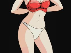 Rule 34 | 1girl, animated, animated gif, ass, blonde hair, bra, breasts, brown hair, bubblegum crisis, butt crack, choker, cleavage, dressing, jewelry, lowres, midriff, navel, necklace, panties, priscilla asagiri, red eyes, skirt, solo, strapless, strapless bra, thighhighs, underwear, white panties, wig