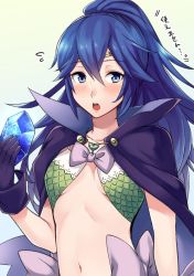 Rule 34 | 1girl, ameno (a meno0), bad id, bad twitter id, blue eyes, blue hair, blush, bow, cape, circlet, cosplay, fire emblem, fire emblem awakening, gloves, holding, long hair, lucina (fire emblem), nintendo, nowi (fire emblem), nowi (fire emblem) (cosplay), open mouth, ponytail, simple background, solo, upper body, white background