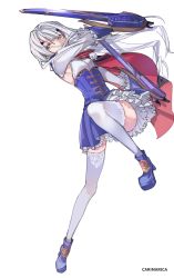 Rule 34 | 1girl, blue cape, blue dress, blue footwear, breasts, brown eyes, cape, carimarica, dress, melusine (fate), melusine (second ascension) (fate), fate/grand order, fate (series), forked eyebrows, frills, full body, long hair, long sleeves, looking at viewer, multicolored cape, multicolored clothes, red cape, sidelocks, small breasts, solo, thighhighs, weapon, white hair, white thighhighs