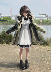 Rule 34 | 1girl, absurdres, black footwear, boots, brown hair, building, closed eyes, closed mouth, collared dress, dress, gishiki (gshk), grass, green jacket, highres, jacket, long sleeves, original, outdoors, outstretched arms, scenery, short hair, sky, smile, solo, spread arms, standing, tree, water, white dress