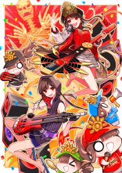 Rule 34 | 1boy, 1girl, absurdres, black hair, breasts, brother and sister, buster shirt, crest, family crest, fate/grand order, fate (series), fiery hair, guitar, hair through headwear, hat, headphones, headphones around neck, highres, instrument, jacket, letterman jacket, long hair, military hat, navel, oda nobukatsu (fate), oda nobunaga (fate), oda nobunaga (swimsuit berserker) (fate), oda nobunaga (swimsuit berserker) (first ascension) (fate), oda uri, open clothes, open jacket, open mouth, peaked cap, red eyes, red shirt, shirt, siblings, skirt, smile, striped clothes, striped skirt, yui (tamagohan)