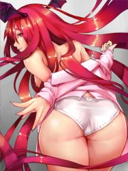 Rule 34 | 1girl, absurdly long hair, ass, axe r18, back, bare shoulders, bat wings, breasts, closed mouth, cowboy shot, dress shirt, eyelashes, fingernails, from behind, hair between eyes, hand up, head wings, koakuma, legs together, long fingernails, long hair, looking at viewer, looking back, nipples, no pants, off-shoulder shirt, off shoulder, panties, pink lips, pink shirt, profile, red eyes, red hair, shirt, shoulder blades, sideboob, small breasts, solo, thick eyebrows, thighs, touhou, underwear, very long hair, white panties, wings