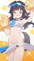 Rule 34 | 1girl, animal ears, bad id, bad pixiv id, bare shoulders, blue archive, blush, breasts, cheerleader, cleavage, dog ears, dog girl, dog tail, eyewear on head, goggles, goggles on head, halo, hibiki (blue archive), hibiki (cheer squad) (blue archive), highres, holding, holding pom poms, jinyuan712, long hair, looking at viewer, medium breasts, millennium cheerleader outfit (blue archive), navel, open mouth, pom pom (cheerleading), pom poms, solo, sticker on arm, sticker on face, tail