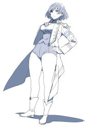 Rule 34 | 1girl, boots, breasts, coat, dutch angle, epaulettes, full body, greyscale, gridman universe, hand on own hip, highres, large breasts, long sleeves, monochrome, mujina, onsen tamago (hs egg), open clothes, open coat, shadow, shirt, short hair, short shorts, shorts, simple background, solo, ssss.dynazenon, standing, underbust, white background
