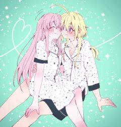Rule 34 | 2girls, ^ ^, ahoge, amano soraha, arm at side, arm support, assault lily, black shorts, blonde hair, blush, breast pocket, bright pupils, buttons, cheek-to-cheek, closed eyes, closed mouth, collarbone, collared shirt, egawa kusumi, feet out of frame, gradient background, green background, hair between eyes, hand on another&#039;s back, hand on another&#039;s knee, heads together, heart, heart of string, highres, light particles, long hair, long sleeves, looking at another, low ponytail, motion lines, multiple girls, pajamas, pink hair, pocket, ponytail, print pajamas, purple eyes, shirt, shorts, sidelocks, sitting, sitting on lap, sitting on person, smile, sorato (astllatte), sparkle, sparkle print, very long hair, white pajamas, white pupils, white shirt, yuri
