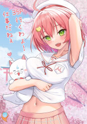 Rule 34 | 1girl, 35p (sakura miko), ahoge, arm up, beret, blush, breasts, cat hair ornament, green eyes, hair ornament, hat, highres, hololive, large breasts, looking at viewer, navel, open mouth, pink hair, pink skirt, sakura miko, sakura miko (school uniform), shirt, skirt, smile, teeth, upper teeth only, virtual youtuber, white headwear, white shirt, z.m. (zimin)