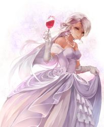 Rule 34 | 1girl, bad id, bad pixiv id, clothes lift, cup, dress, dress lift, drinking glass, earrings, elbow gloves, flower, gloves, jewelry, long hair, necklace, orange eyes, original, pink hair, r04315, solo, very long hair, wedding dress, wine glass