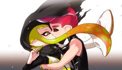 Rule 34 | 1boy, 1girl, agent 3 (splatoon), agent 8 (splatoon), black cape, black shirt, blunt bangs, cape, commentary, gradient background, gradient hair, green hair, grey background, half-closed eyes, hetero, holding hands, hug, inkling, inkling girl, inkling player character, kiss, long hair, long sleeves, looking at another, mohawk, multicolored hair, nintendo, octoling, octoling player character, orange eyes, orange hair, pointy ears, red hair, shirt, short hair, sleeveless, sleeveless shirt, splatoon (series), splatoon 1, splatoon 2, splatoon 2: octo expansion, squidbeak splatoon, suction cups, tentacle hair, torn cape, torn clothes, vest, wind, yellow vest, yeneny, zipper