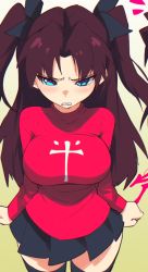 Rule 34 | 1girl, aetherion, alternate breast size, black skirt, black thighhighs, blue eyes, breasts, cowboy shot, fate/stay night, fate (series), gradient background, large breasts, long sleeves, miniskirt, pleated skirt, red sweater, skirt, solo, sweater, thighhighs, tohsaka rin, white background, yellow background, zettai ryouiki