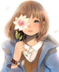 Rule 34 | 1girl, blue jacket, blunt bangs, brown vest, buttons, collared shirt, crying, crying with eyes open, flower, highres, holding, holding flower, jacket, light brown hair, long sleeves, looking at viewer, medium hair, neck ribbon, one eye covered, orie h, original, parted lips, ribbon, shirt, signature, solo, tears, vest, watch, white background, white shirt, wristwatch