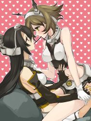Rule 34 | 10s, 2girls, bare shoulders, black gloves, black hair, blush, breasts, brown hair, elbow gloves, eye contact, fingerless gloves, gloves, green eyes, hairband, headgear, heart, kantai collection, large breasts, long hair, looking at another, midriff, multiple girls, mutsu (kancolle), myama, nagato (kancolle), navel, personification, pocky, pocky kiss, red eyes, shared food, short hair, skirt, white gloves, yuri