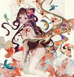 Rule 34 | 1girl, abstract, bird, brown hair, commentary request, eyelashes, floral print, from side, long hair, looking at viewer, onmyoji, original, pink eyes, red ribbon, ribbon, say hana, solo, thighhighs, white thighhighs