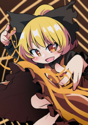 Rule 34 | 1girl, :d, blonde hair, blurry, blurry background, blush, bow, brown dress, dress, foot out of frame, hair bow, kurodani yamame, long sleeves, looking at viewer, obyaa, open mouth, silk, smile, solo, spider web, touhou