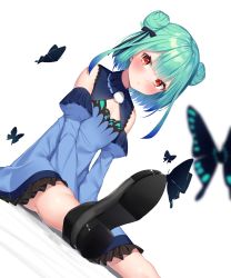 Rule 34 | 1girl, absurdres, animal, bare shoulders, black bow, black footwear, blue dress, blue sleeves, blush, bow, bug, butterfly, closed mouth, colored tips, detached sleeves, double bun, dress, dutch angle, foreshortening, frilled dress, frills, hair bow, hair bun, highres, hololive, insect, juliet sleeves, k mugura, long sleeves, multicolored hair, puffy sleeves, red eyes, shoe soles, shoes, sitting, sleeveless, sleeveless dress, solo, uruha rushia, uruha rushia (1st costume), virtual youtuber, white background