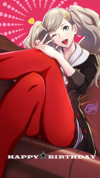 Rule 34 | 1girl, black jacket, blue eyes, dated, dutch angle, english text, eyelashes, feet out of frame, gentle sasaki, grey hair, hair ornament, hairclip, hand on own knee, hands up, happy birthday, head tilt, heart, highres, hood, hood down, jacket, long hair, long sleeves, looking at viewer, miniskirt, nail polish, one eye closed, open clothes, open jacket, open mouth, orange nails, pantyhose, parted bangs, persona, persona 5, pink background, red pantyhose, school uniform, shadow, shuujin academy school uniform, signature, sitting, skirt, solo, swept bangs, takamaki anne, teeth, thighs, twintails, upper teeth only, v